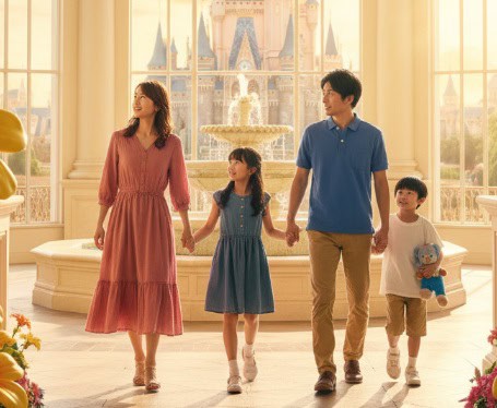 　　- ディズニーランドのシンデレラ城が見える高級ホテルのロビーを歩く日本の家族
