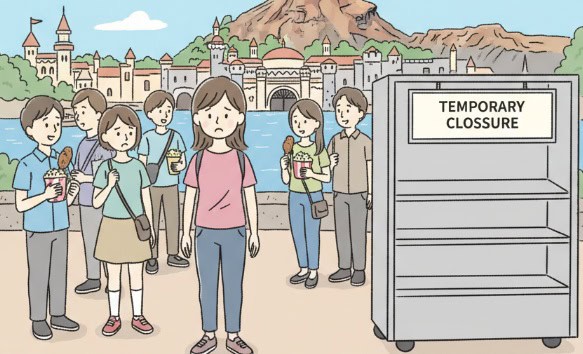 東京ディズニーシーで照り焼きチキンレッグが販売中止になり、悲しむ女性のイラスト。
