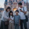 ディズニーランドのシンデレラ城の前で、スマートフォンの画面を見て困惑する家族。父親が頭を抱え、母親と子供たちが心配そうに見つめている。