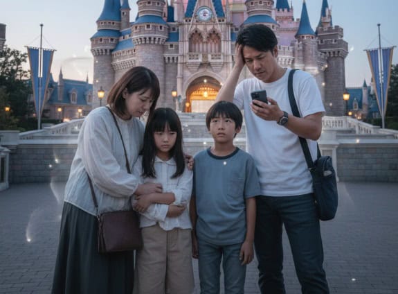 ディズニーランドのシンデレラ城の前で、スマートフォンの画面を見て困惑する家族。父親が頭を抱え、母親と子供たちが心配そうに見つめている。