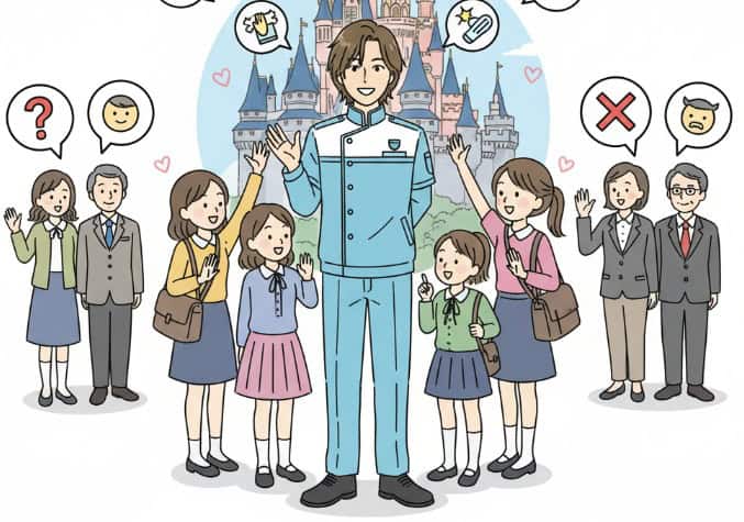 茶髪の男性ディズニーキャストがゲストに囲まれている様子と、それに対する賛否両論の吹き出しがある、簡易的なイラスト