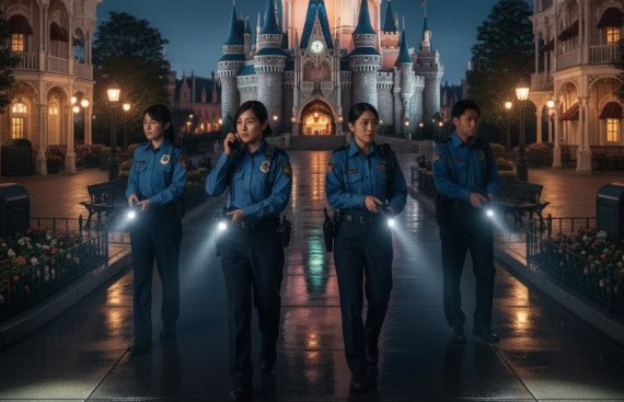 閉園後のディズニーパーク内で懐中電灯を持って巡回する複数の日本人警備キャスト