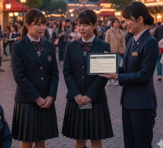  ディズニーランドの通りで、2人の制服姿の日本人女性が、タブレットを使ってルールを説明するキャスト（従業員）に話を聞いている。画面には「禁止事項」と書かれた文字が表示されている。