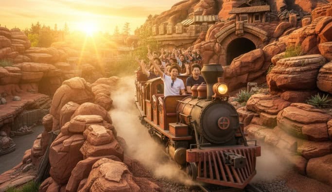 夕日を背景に、東京ディズニーランドのビッグサンダー・マウンテンを駆け抜ける鉱山列車に乗って、手を振る若い日本人たち。