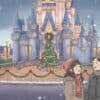 クリスマスイルミネーションで彩られたディズニーランド・シンデレラ城と、それを見上げる日本人カップルのイラスト