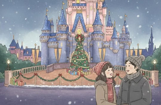 クリスマスイルミネーションで彩られたディズニーランド・シンデレラ城と、それを見上げる日本人カップルのイラスト
