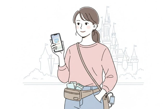 スマートフォン、財布、ハンカチ、ウェットティッシュ、モバイルバッテリーがシンプルに配置されたイラスト。荷物を少なくしたい人向けの持ち物リストを表現しています。