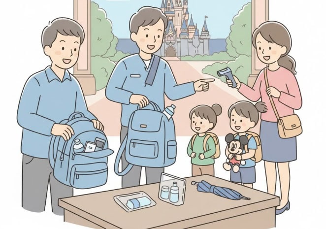 東京ディズニーランドのエントランスで手荷物検査を受ける家族。スムーズな入園のための準備が描かれています。