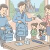 東京ディズニーランドのエントランスで手荷物検査を受ける家族。スムーズな入園のための準備が描かれています。