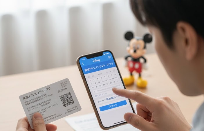 スマートフォンで東京ディズニーリゾートのアプリを開き、株主優待パスポートの二次元コードをスキャンしようとしている男性の手元