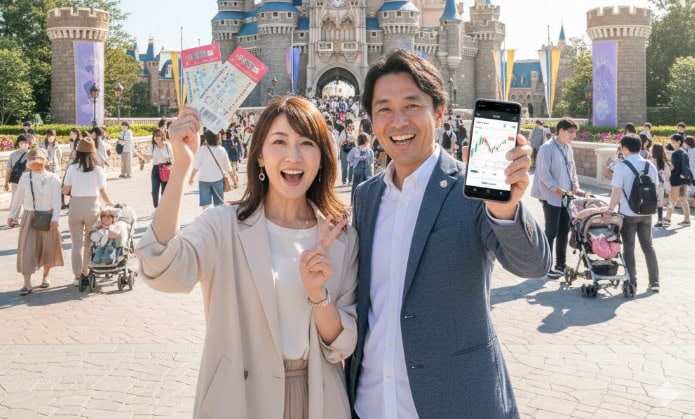 東京ディズニーランドのシンデレラ城を背景に、笑顔で株主優待パスポートと株価チャートが表示されたスマートフォンを持つ日本人夫婦。二人の頭上には、株主優待の廃止や変更に関する疑問や不安を表す吹き出しが描かれている。