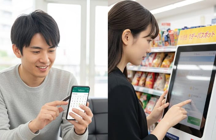 左側はスマートフォンでディズニーチケットをオンライン購入する男性、右側はコンビニのマルチメディア端末でチケットを購入する女性の合成写真。