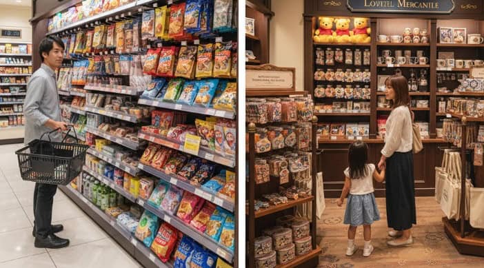 ディズニーランドホテルのルッキンググラス・ギフト(左)とディズニー・マーカンタイル(右)の店内を比較する日本人客。