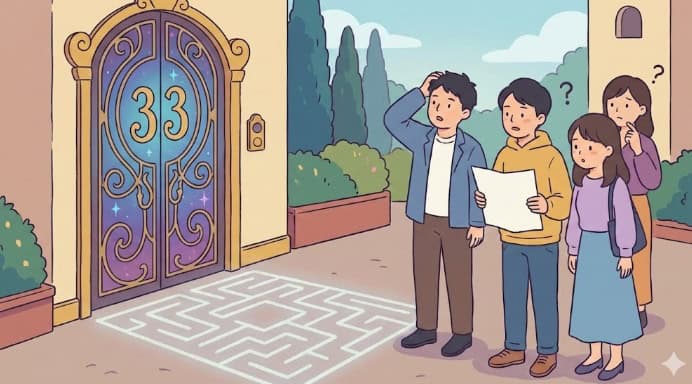 ディズニーの会員制レストラン「クラブ33」の扉の前で、入会方法が分からず困惑する日本人の友人グループのイラスト。