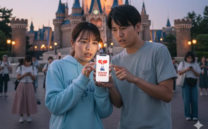 ディズニーリゾートでスマートフォンにサーバーエラーが表示され、困惑している日本人カップルの様子。シンデレラ城を背景に、アプリの不具合に直面する状況を表している。