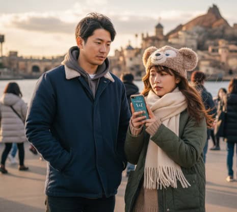 ディズニーシーでスマートフォンを見ながら今日の服装指数を確認している若いカップル。女性はダッフィーのファンキャップを被り、厚手のマフラーとキルティングジャケットを着用。男性はネイビーのボア襟ブルゾンを着ている。