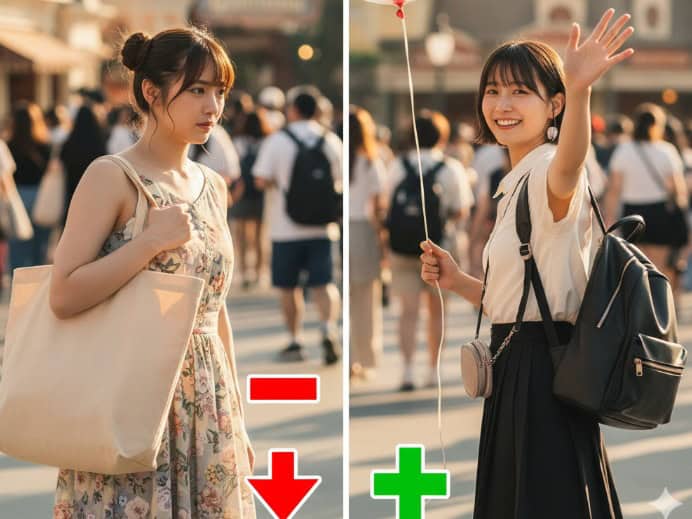  ディズニーランドで、重そうなトートバッグを持ち疲れた様子の日本人女性と、リュックを背負いミッキーバルーンを持って笑顔で手を振る日本人女性の比較。