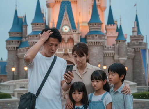 ディズニーランドのシンデレラ城を背景に、スマートフォンのチケット価格を見て頭を抱える日本人家族。両親は困惑し、子供たちは悲しげな表情を浮かべている。
