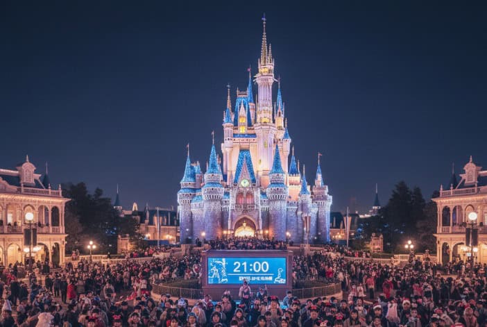 夜の東京ディズニーランド、シンデレラ城前に集まる多くの日本人ゲスト。スクリーンには21:00と表示されており、閉園時間を前に名残惜しそうにしている様子