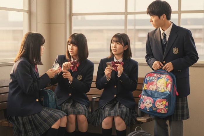 学校のベンチで制服姿の日本人学生4人が生徒手帳を見せ合いながら話している。制服ディズニーの計画について校則を確認している様子