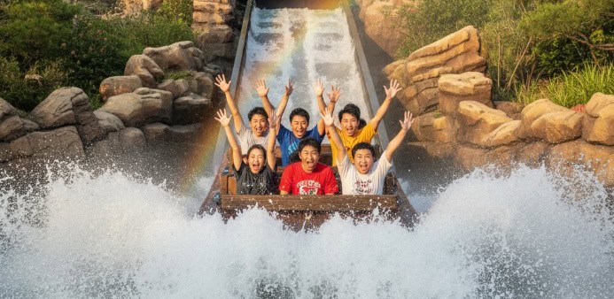 東京ディズニーランドのスプラッシュ・マウンテンで、丸太のボートに乗って急降下し、水しぶきを上げながら笑顔で手を振る若い日本人たち。