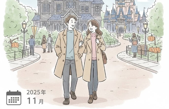 パーク内で比較的空いている平日、アトラクションを楽しむ日本人カップルのイラスト