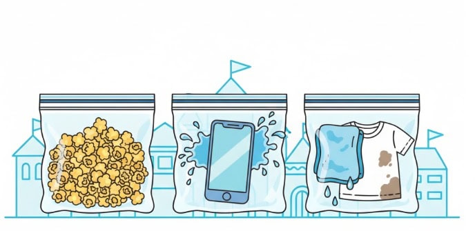 食べ残しのポップコーン、スマートフォン、濡れたハンカチがジップロックに入っているイラスト。ジップロックの多様な使い方を表現しています。