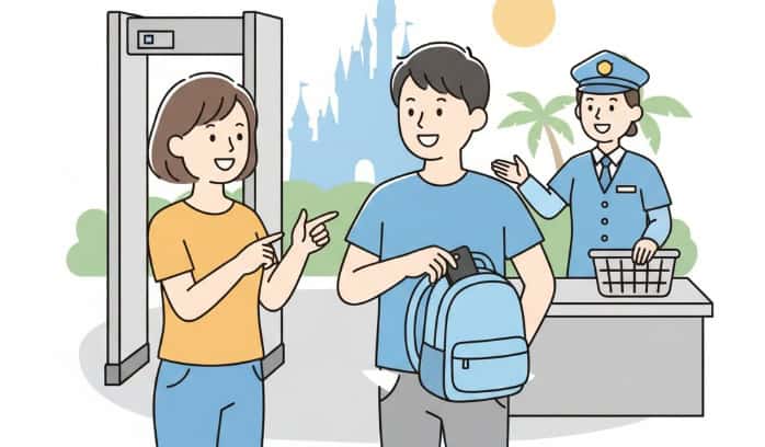 ディズニーリゾートの手荷物検査で、来園者がポケットから出したスマートフォンをカバンに入れ、キャストが笑顔で案内しているイラスト