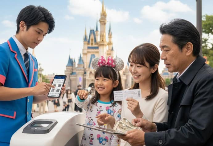 ディズニーランドの入場ゲートで、キャストがスマホのチケットを確認し、楽しそうに準備をする日本人家族