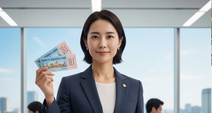 オフィスで、オリエンタルランドの株主優待パスポートを手に持ち、タブレットに表示された株価上昇のグラフとともに自信に満ちた表情で立つ日本人女性。デスクには「廃止」に「NO」と書かれた書類が置かれている。