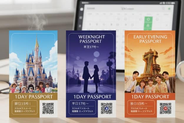 1デーパスポート、ウィークナイトパスポート、アーリーイブニングパスポートの3種類のディズニーチケットが並べられたデスクの様子