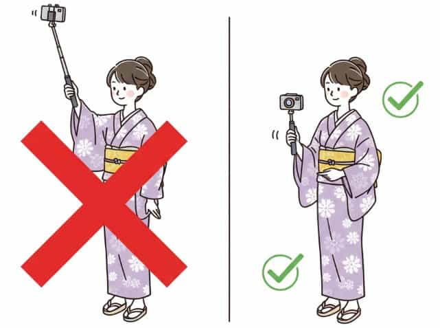 ディズニーでの自撮り棒使用条件を示すイラスト。伸ばした自撮り棒は禁止、たたんで片手で持つ場合は許可。