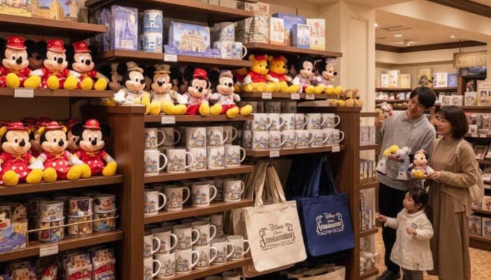 ディズニーランドホテルのショップで、ホテル限定グッズを見る日本人の家族。