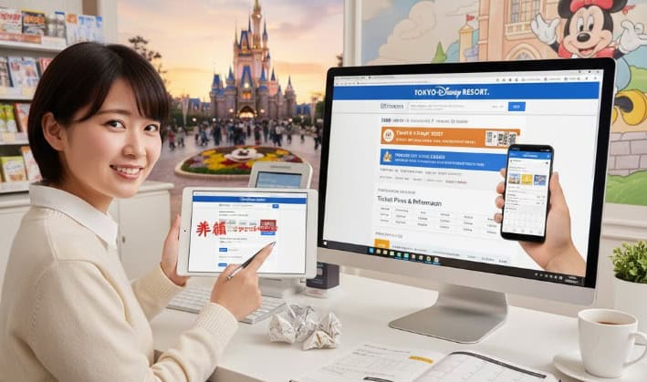 コンピューター画面にディズニー公式サイト、タブレットに「非掲載」「割引なし」と表示された若い日本人女性が笑顔で指を差している。コンビニでの割引チケットがないことを示唆。