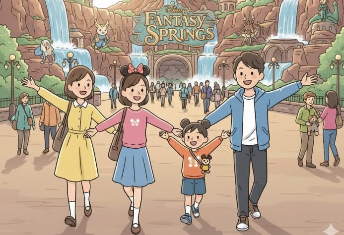 2025年4月からのディズニー・ファンタジースプリングスの入場制限撤廃を喜ぶ日本人グループの簡易イラスト