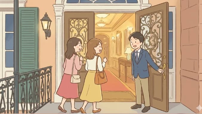 ディズニーの会員制クラブ「クラブ33」の入口で、会員の男性に招待されて中へ入る女性グループのイラスト。