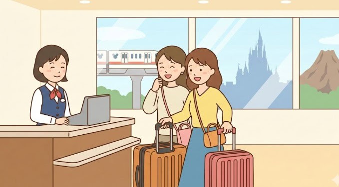 東京ディズニーリゾート・ウェルカムセンターで荷物を預ける女性客とキャストのイラスト。窓からディズニーランドとシーの景色が見える。