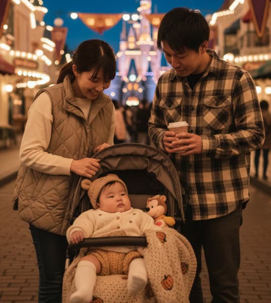 10月のディズニーランドの夜、ベビーカーに乗った赤ちゃんを囲んで優しく見つめる日本の両親。赤ちゃんは温かい帽子とブランケットで防寒対策をしており、パークのライトアップが美しい背景となっている。