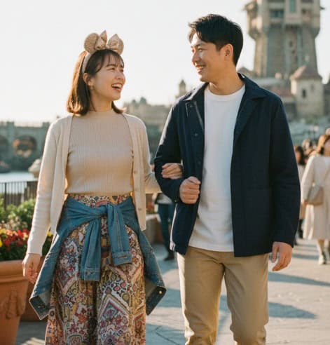  11月上旬のディズニーシーを腕を組んで歩く若いカップル。女性はベージュのリブニットに柄物のロングスカート、デニムシャツを腰に巻き、ベージュのカーディガンを羽織っている。男性は白いTシャツにネイビーのジャケット、ベージュのパンツを着用。