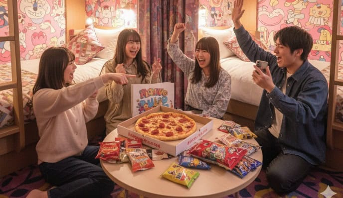 二段ベッドが設置されたポップな内装のホテルの一室で、ピザやスナックを囲んで楽しそうに過ごす4人の学生グループ