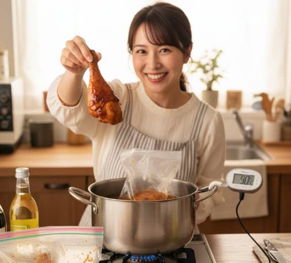 自宅で東京ディズニーリゾートのテリヤキチキンレッグを調理する女性と公式レシピ本
