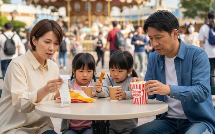 ディズニーランドのカルーセルの前で、ポップコーンやチュロスを食べる家族。母親がレシートを見て驚いた表情をしており、父親と子供たちは困惑している。