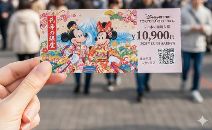 東京ディズニーリゾートのパークチケットを手に持つ日本人女性の手元。チケットには和服姿のミッキーとミニーが描かれ、日付が2025年12月31日、料金が10,900円と記載されている