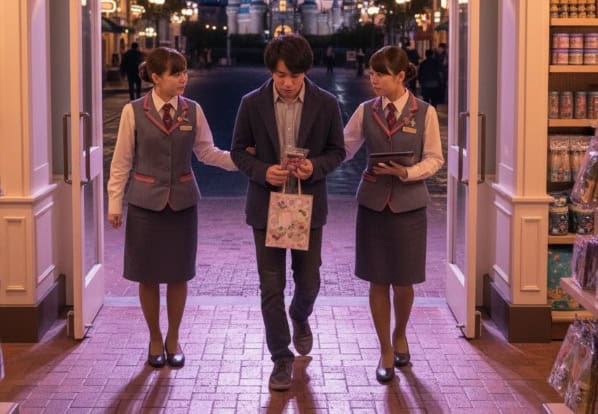 閉園後のディズニーランドでお土産ショップから警備キャストに案内されながら退園する男性ゲスト