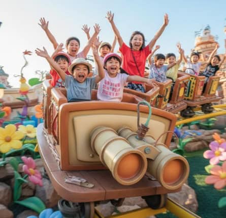  東京ディズニーランドのガジェットのゴーコースターに乗って、楽しそうに手を上げる子供たちと日本人女性。