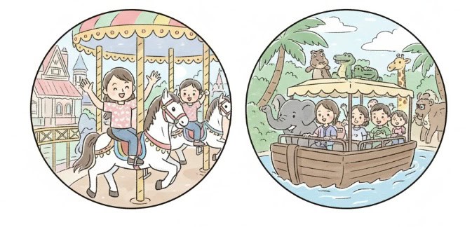 ディズニーリゾートで怖くないアトラクションを楽しむ日本人家族のイラスト。イッツ・ア・スモールワールド、ダンボ、メリーゴーランド、ジャングルクルーズなど、穏やかな乗り物が描かれている。