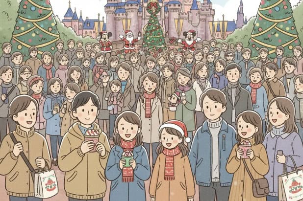 多くの日本人ゲストで賑わうディズニーランドのパーク内と、その上部に数字の「3」が描かれたイラスト