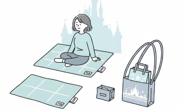 コンパクトなレジャーシートと折りたたみエコバッグが描かれたイラスト。100均グッズを活用して荷物を賢く減らす様子を表現しています。