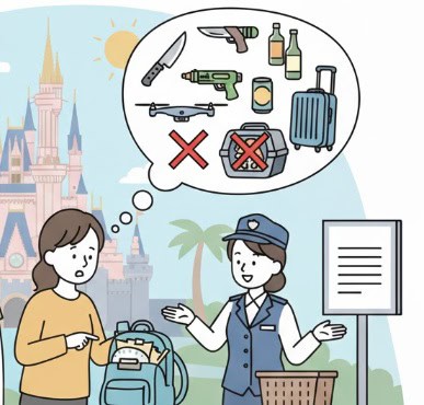ディズニーリゾートの手荷物検査で、持ち込み禁止品が見つかり困惑する家族。キャストが禁止品（刃物、銃器、火薬、ドローン、アルコール飲料、スーツケース、折りたたみ椅子など）を説明しているイラスト。