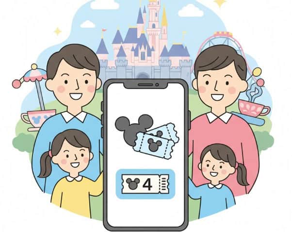 ディズニーチケットを複数人で予約できることを示す、笑顔の日本人家族の簡易的なイラスト。